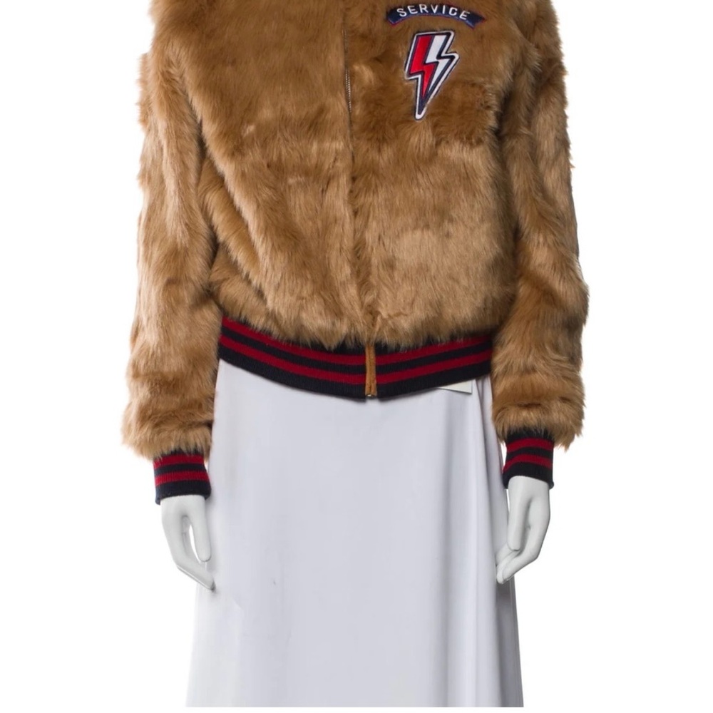 MOTHER Faux Fur Bomber Jacket in Camel with Stripe Trim